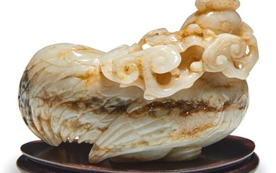 A Chinese Carved Jade Chicken Width 4 3/4 "