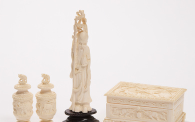 A Chinese Ivory Figure of Shoulao, Together With an Anglo-Indian Box and Pair of Salt and Pepper Shakers, Early to Mid 20th Century