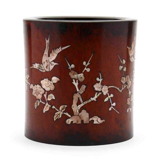 A Chinese Wooden Brush Pot with Mother of Pearl Inlay