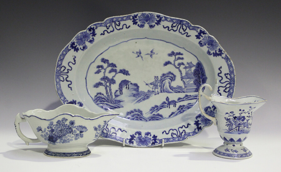 A Chinese blue and white export porcelain sauceboat, Qianlong period, of silver shape, painted with