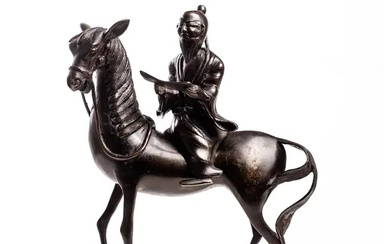 A Chinese bronze figure of a scholar and horse Ming dynasty The...