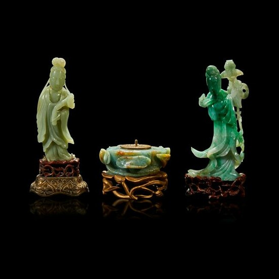 A group of two Chinese carved meiren and an inkwell