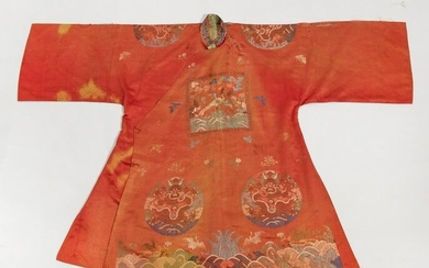 A Chinese embroidered red silk dragon robe