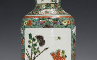 A Chinese famille verte porcelain rouleau vase, probably early 20th century, painted with opposing p
