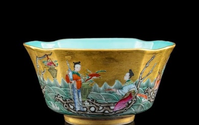 A Chinese gold-glazed famille rose 'figural' bowl, Republic period