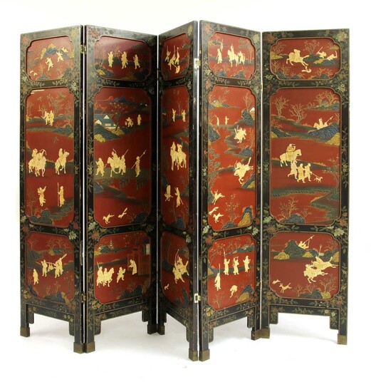A Chinese lacquered, painted and inlaid five-fold screen