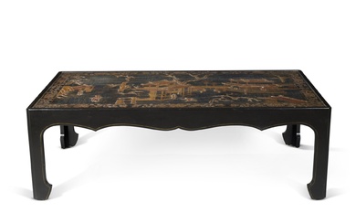 A Chinoiserie Gilt, Black, and Red Lacquered Rectangular Coffee Table on Ebonized Stand