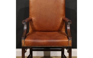 A Chippendale Revival mahogany Gainsborough armchair, stuffe...