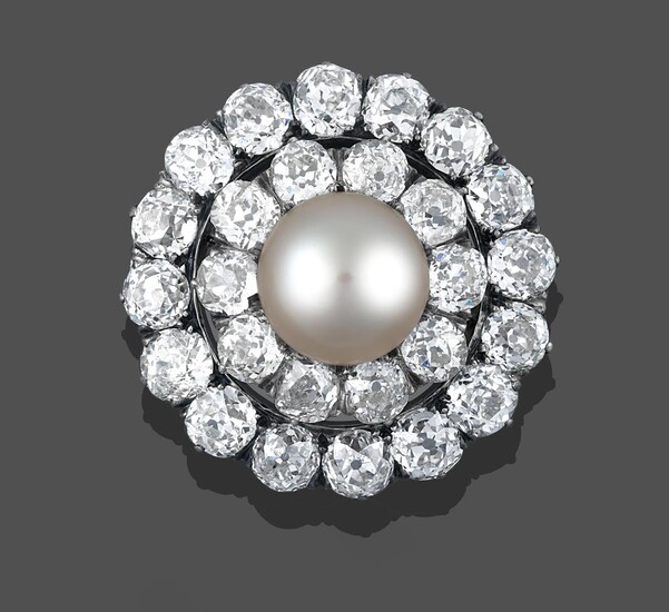 A Cultured Pearl and Diamond Brooch, the central cultured pearl within a double border of old...