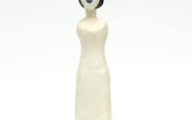 A FIGURE OF A LADY - ENAMEL OVER PEWTER ON STAND, 39.5 CM TOTAL HEIGHT