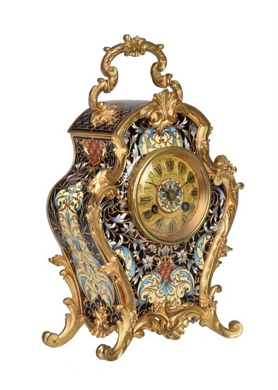 A FRENCH GILT BRASS AND CHAMPLEVE ENAMEL SMALL CARRIAGE MANTEL CLOCK