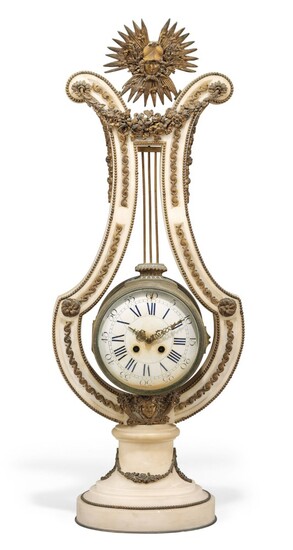 A FRENCH ORMOLU-MOUNTED WHITE MARBLE LYRE CLOCK, LATE 19TH CENTURY, OF LOUIS XVI STYLE
