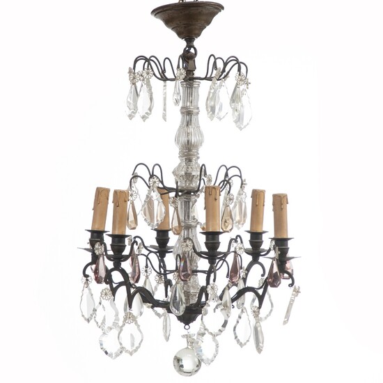 NOT SOLD. A French chandelier with cage-shaped frame, mounted for electricity. 20th century H. 65...