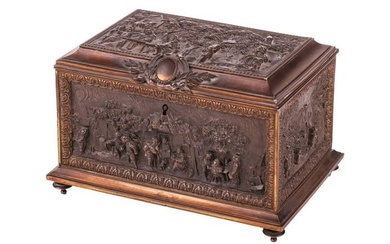 A French late 19th century gilt and oxidized bronze rectangular table casket, the caddy-top and