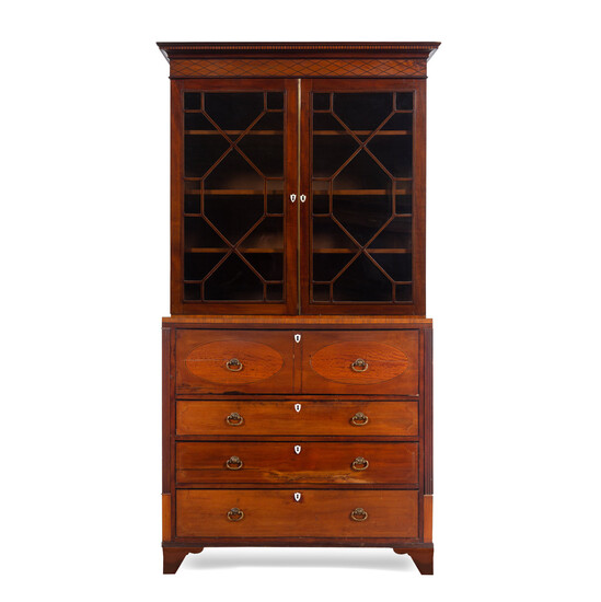 A George III Style Satinwood Inlaid Mahogany Secretary Bookcase