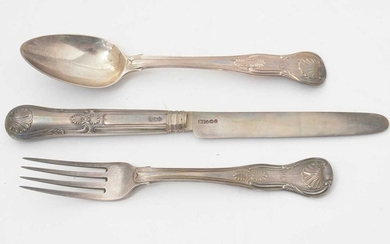 A George III/IV silver christening knife, fork and spoon; and a Victorian knife.