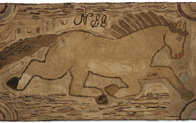 A HOOKED RUG DEPICTING A RUNNING HORSE, AMERICAN, 19TH CENTURY