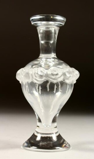 A LALIQUE GLASS TALL SCENT BOTTLE AND STOPPER, engraved