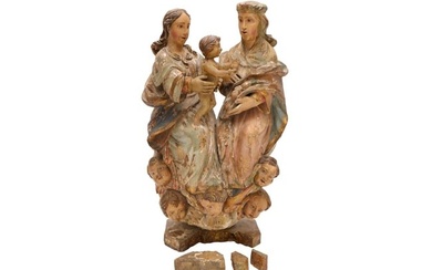 A LARGE 17TH CENTURY SPANISH CARVED FIGURAL GROUP - THE HOLY FAMILY