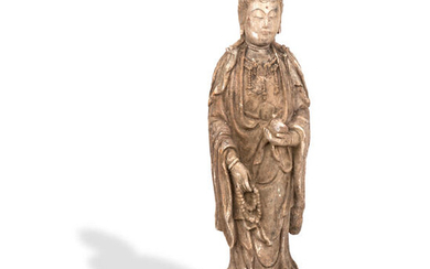A LARGE CARVED WOOD FIGURE OF GUANYIN