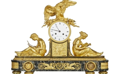 A LARGE FRENCH LOUIS XVI PERIOD ORMOLU AND VERDE MARBLE CLOCK