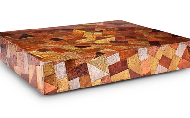 A LARGE LACQUERED COPPER AND BRASS PATCHWORK COFFEE TABLE, CIRCA 1960
