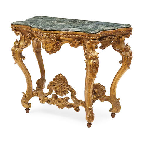 A LOUIS XV STYLE MARBLE TOP CARVED GILTWOOD CONSOLE TABLE