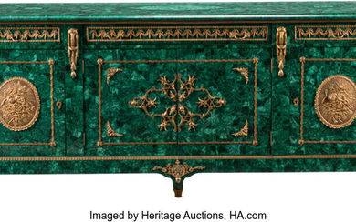 A Large French Transitional-Style Malachite Veneered Four-Drawer Buffet with Gilt Bronze Mounts