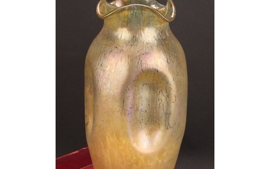 A Loetz Art Nouveau pinched ovoid vase, wavy everted rim, 28...