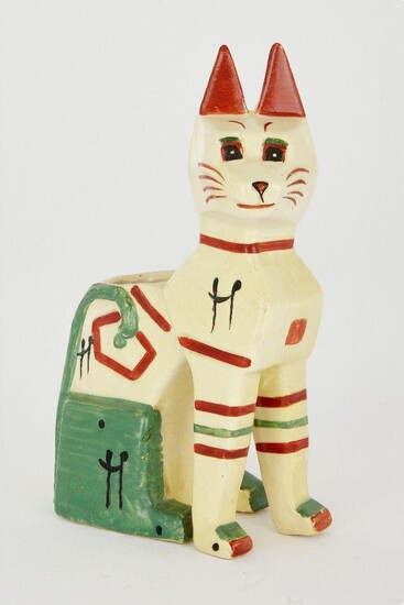 A Louis Wain Egyptian cat spill vase, painted in shades of yellow, red and green highlighted with black meow-meow notes, painted Louis Wain signature to reverse, painted registration number RD638318 and printed factory mark to underside, 16cm high