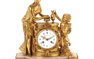 A Louis XVI gilt bronze and white marble figural striking mantel clock. Signed 'Balthazar a Paris'. C. 1770. H. 42 cm. W. 35 cm. D. 16 cm.