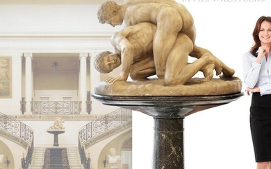 A Monumental Italian Terracotta Wrestlers Sculpture Group On Marble Pedestal