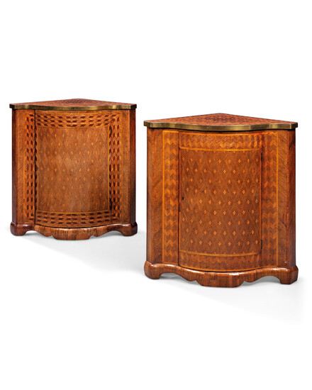 A NEAR PAIR OF ENGRAVED FRUITWOOD PARQUETRY INLAID INDIAN ROSEWOOD, PADOUK AND AMARANTH AND ENCOIGNURES, CIRCA 1770, EITHER FRANCO FLEMISH OR ENGLISH AND MADE BY AN EMIGRE CRAFTSMAN
