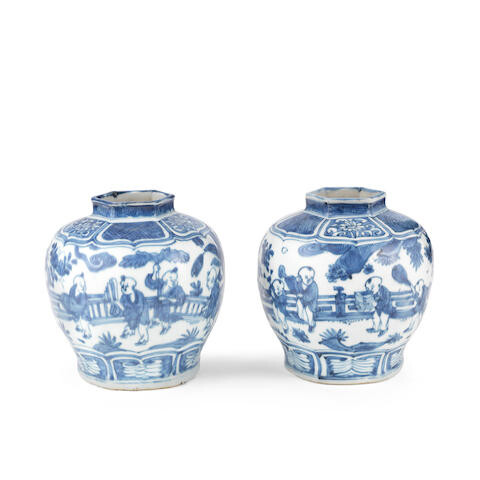 A PAIR OF BLUE AND WHITE 'BOYS' JARS