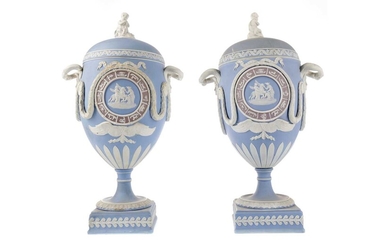 A PAIR OF EARLY 19TH CENTURY WEDGWOOD JASPERWARE PEDESTAL VASES AND COVERS