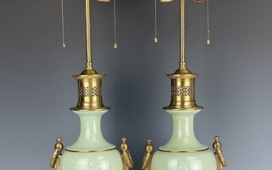 A PAIR OF FRENCH ORMOLU MOUNTED PATE SUR PATE LAMPS