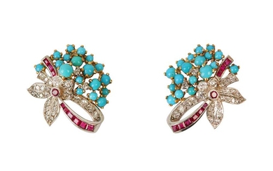 A PAIR OF TURQUOISE, RUBY AND DIAMOND EARCLIPS