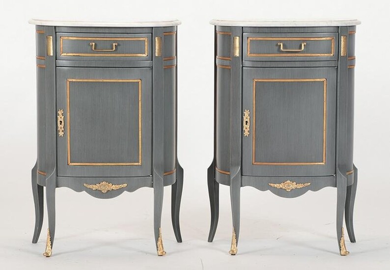 A PETITE PAIR OF GRAY PAINTED MARBLE TOP CABINETS
