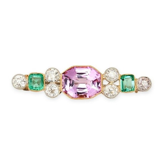A PINK TOPAZ, EMERALD AND DIAMOND BROOCH, EARLY 20TH