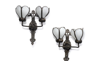 A Pair of Bronzed Metal and Milk Glass Art Nouveau Two-Light Wall Sconces, Early 20th Century