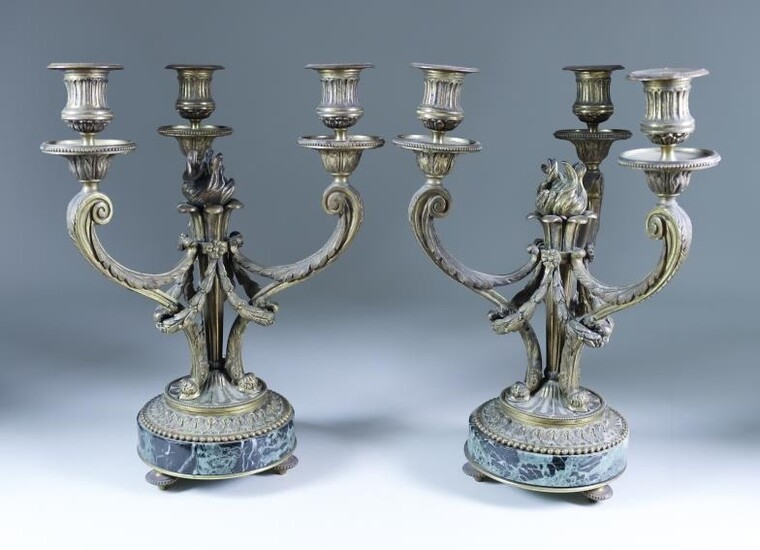 A Pair of French Brass and Marble Three-Light Candelabra,...