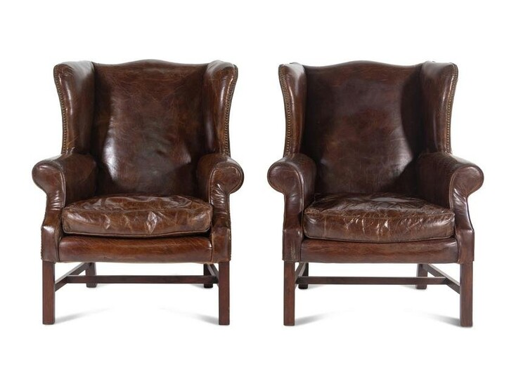 A Pair of Georgian Style Leather Upholstered Wingback