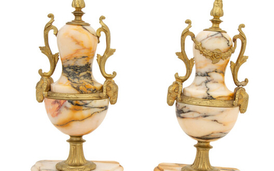 A Pair of Gilt Bronze Mounted Marble Urns