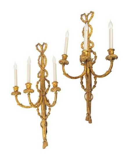A Pair of Louis XVI Style Giltwood Three-Light Sconces