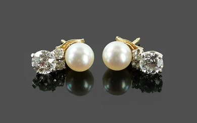 A Pair of Pearl & Diamond Earrings.