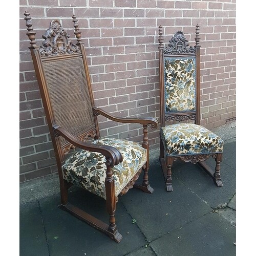 A Pair of Renaissance Style King and Queen Throne Chairs wit...