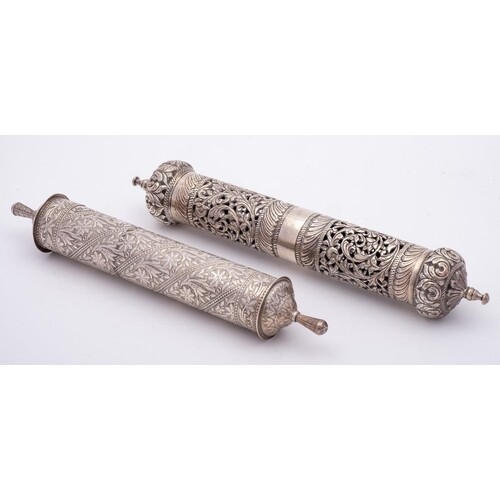 A Persian white metal scroll holder: of traditional cylindri...