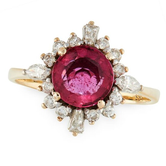 A RUBY AND DIAMOND CLUSTER RING in yellow gold, set