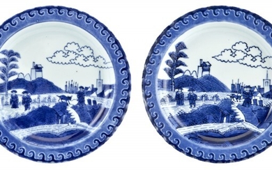 A Rare Pair of Chinese Blue and White Porcelain "Deshima Island" Plates