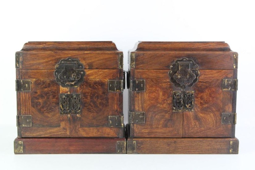 A Rare Pair of Table Top Chests, Guanpixiang, of Rectangular Form with Bail Handles, Opening to Reveal a Separate Compatr...